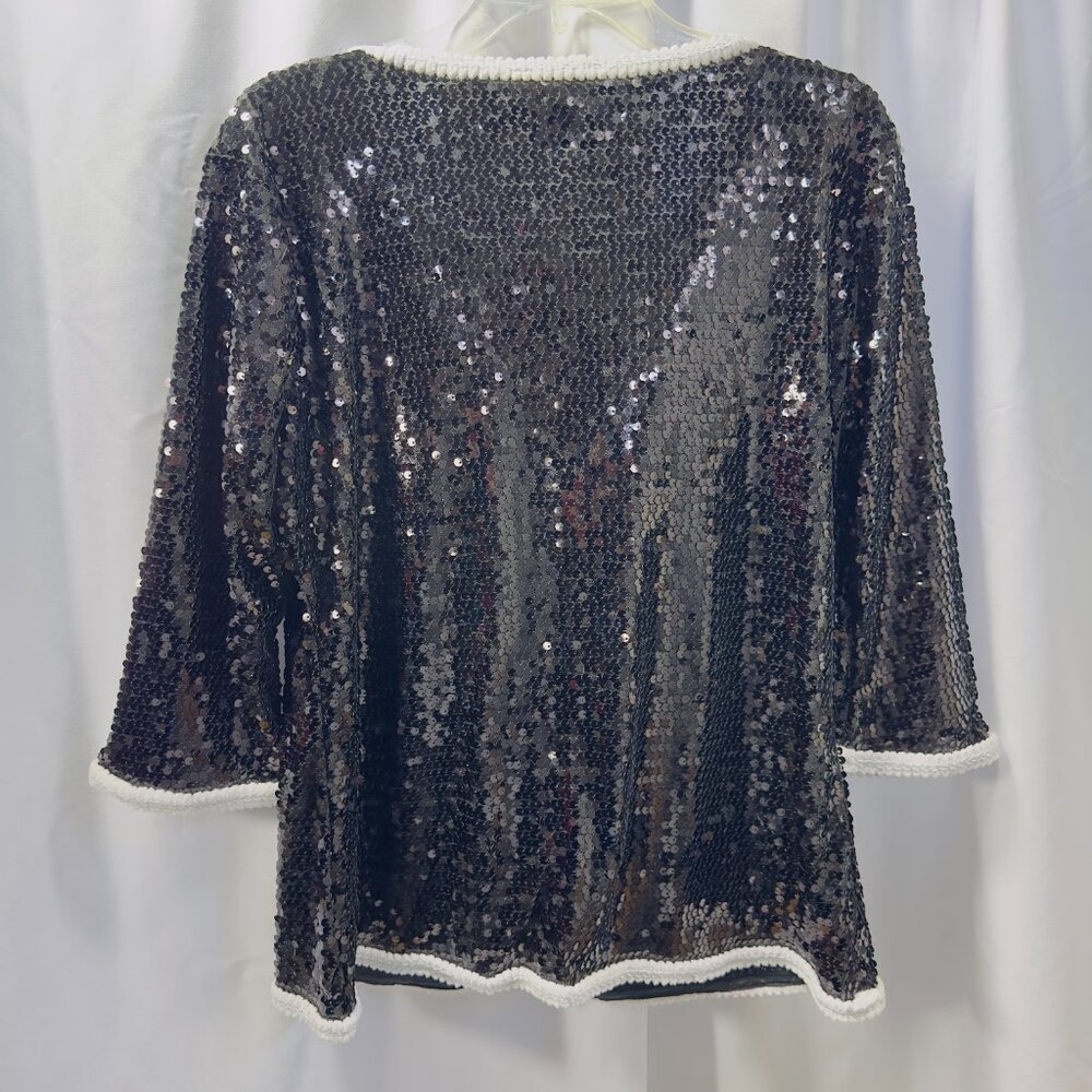 NWT Iman Black Sequin Jacket w White Trim Size L 4 Pockets - Picture 10 of 16